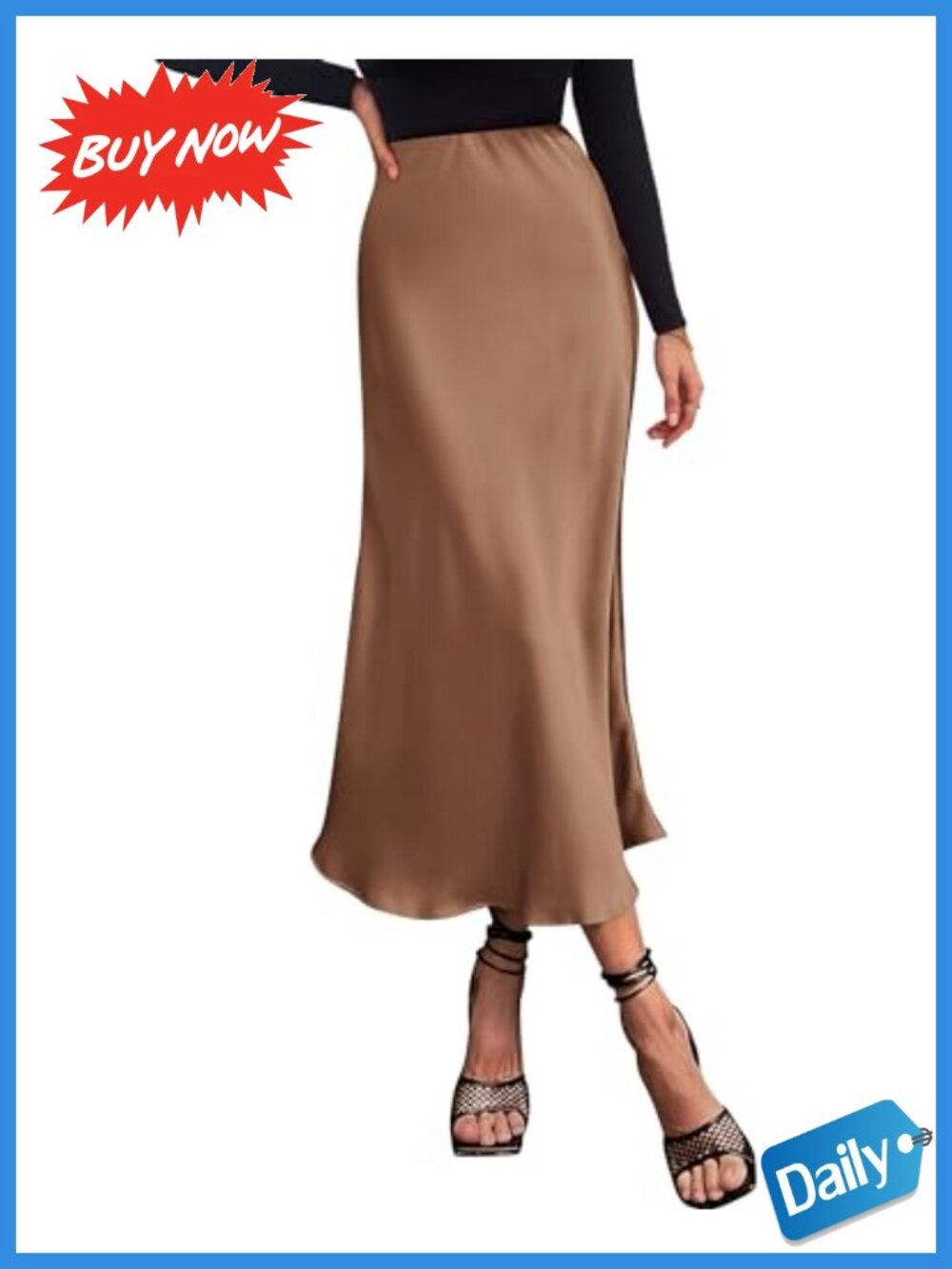 Satin A-Line Midi Skirt High Waist Ruffle Hem Elastic Pull On